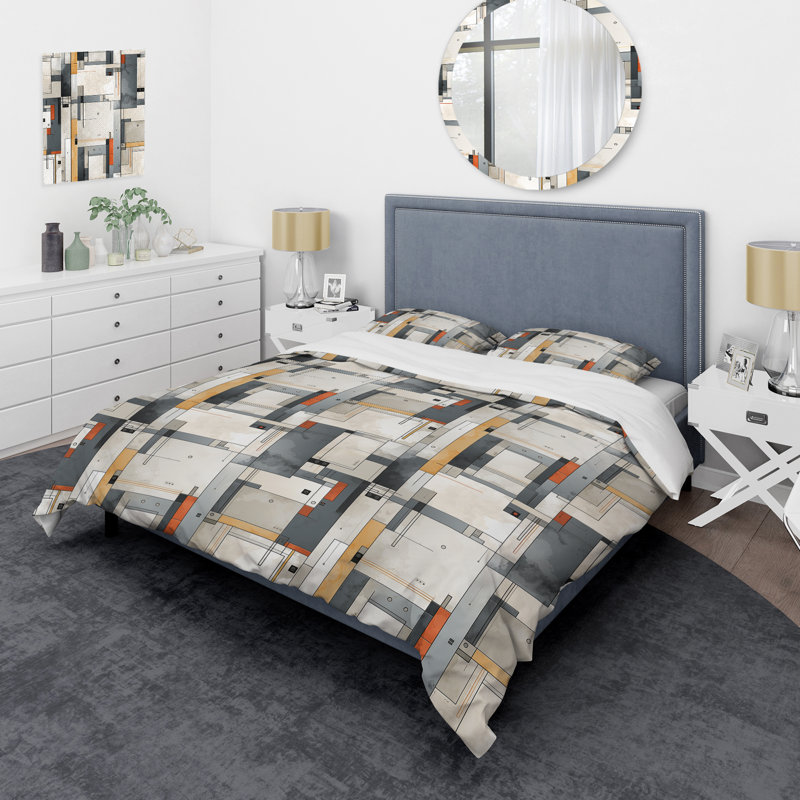 Ensemble de housse de couette géométrique à motif quadrant gris béton, Housse de couette pour très grand lit et 2 très