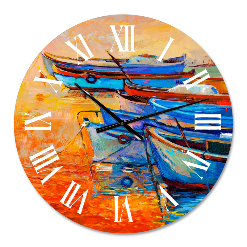 Bateaux se reposant sur l'eau pendant un coucher de soleil chaud - horloge murale nautique et côtière, Petit