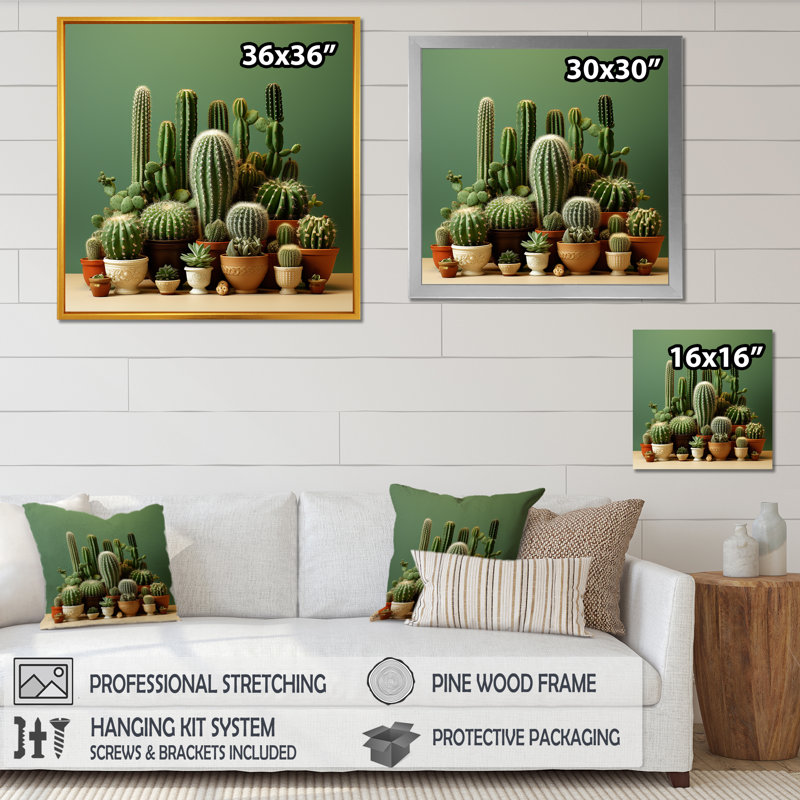 Cactus Jade Juxtaposition I - Cactus, reproduction d'art sur toile, H 30 po x l 30 po x P 1 po, Cadre photo noir