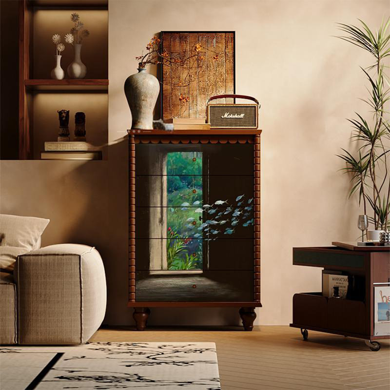 Armoire de rangement à cinq tiroirs en pin, Noyer