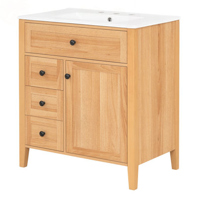 Meuble-lavabo 30 po à grain de bois naturel avec lavabo en céramique, tiroir basculant et porte à fermeture en douceur