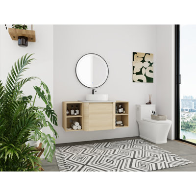 Meuble-lavabo double 48 po (pleine longueur) 48 po - 5 options de couleur de lavabo (motifs blanc / noir / marbre) + armoire en bois clair
