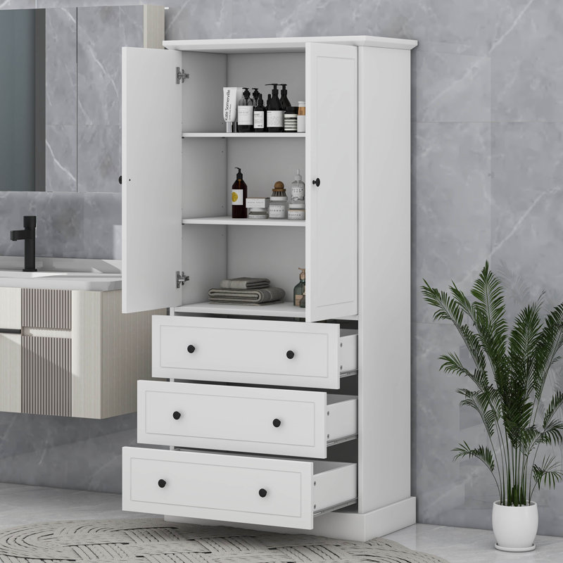 Armoire de rangement avec trois tiroirs et deux portes, tablettes réglables