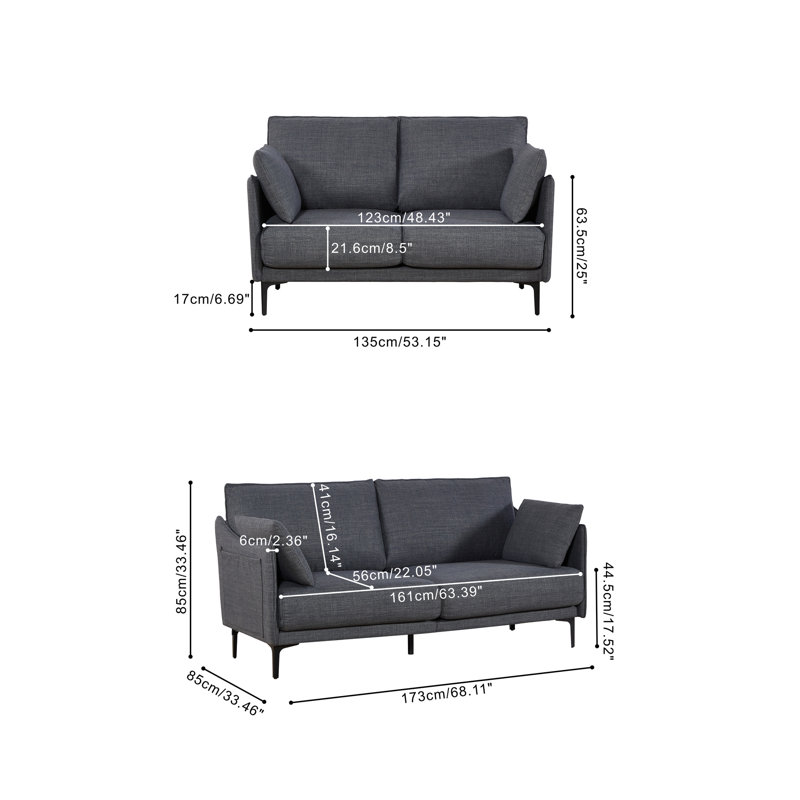 Élégant 2 pour le salon - Gris, pieds en métal, 51,18 po de profondeur, gris, 2 places avec coussins, hauteur de 33,15 po