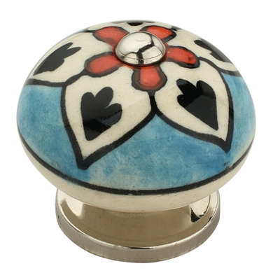 Flower 1 5/8" Blue/Black/Coral Cabinet Knob