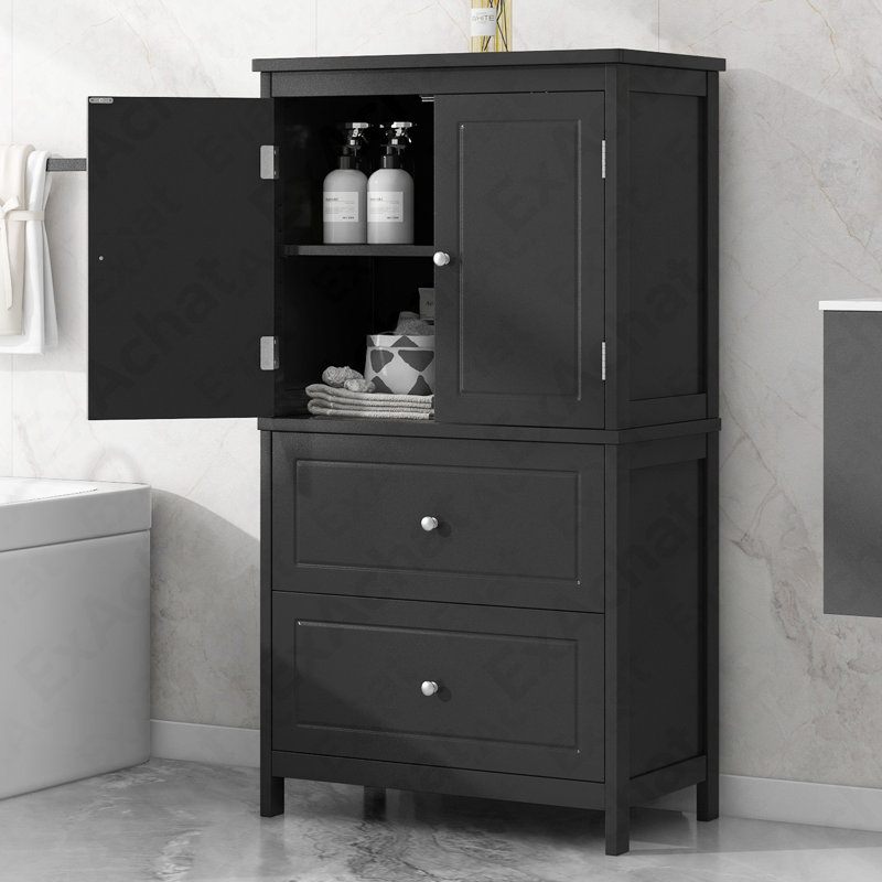 Bathroom Storage Cabinet, Cabinet With Two Doors And Drawers, Adjustable Shelf, MDF Board, Black, Black