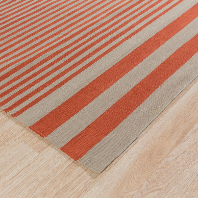 Tapis rayé / beige en coton tissé à la main Kinslee, Rectangle 8 pi x 11 pi