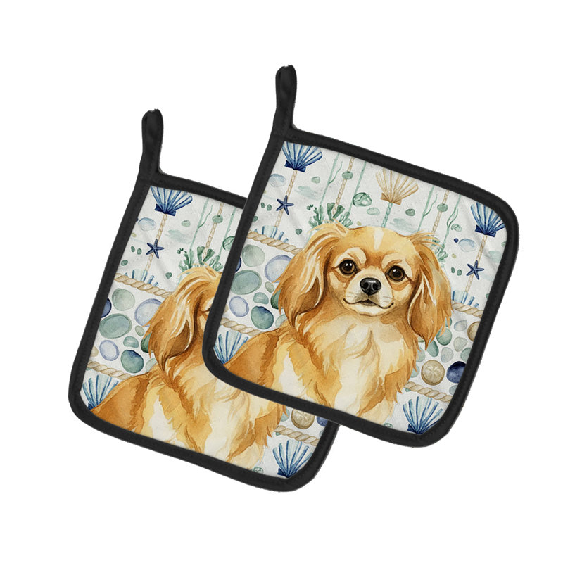 Gold Tibetan Spaniel Coastal Sea Glass Pair of Pot Holders