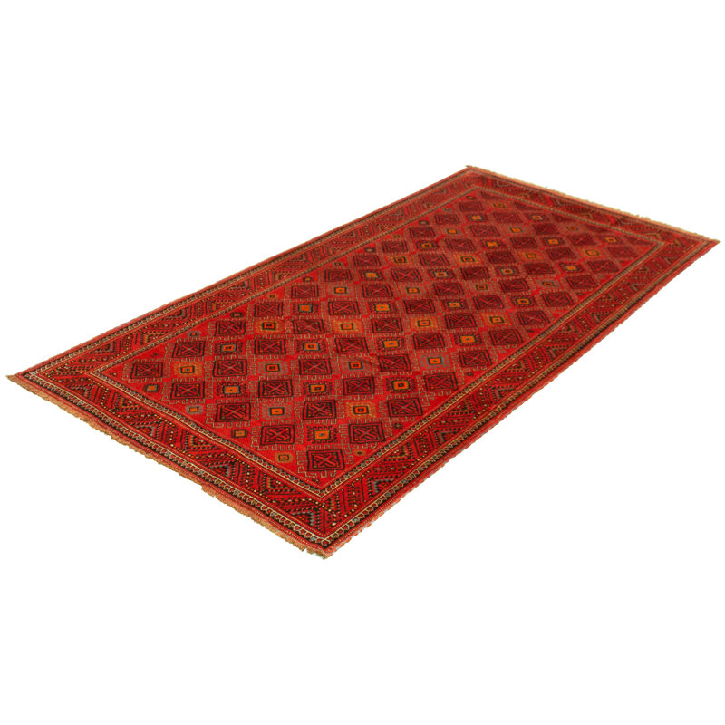Tapis de couloir en laine de style noué à la main des années 1980 de conception unique 4 pi 11 po x 9 pi 11 po Tapis décoratif rouge
