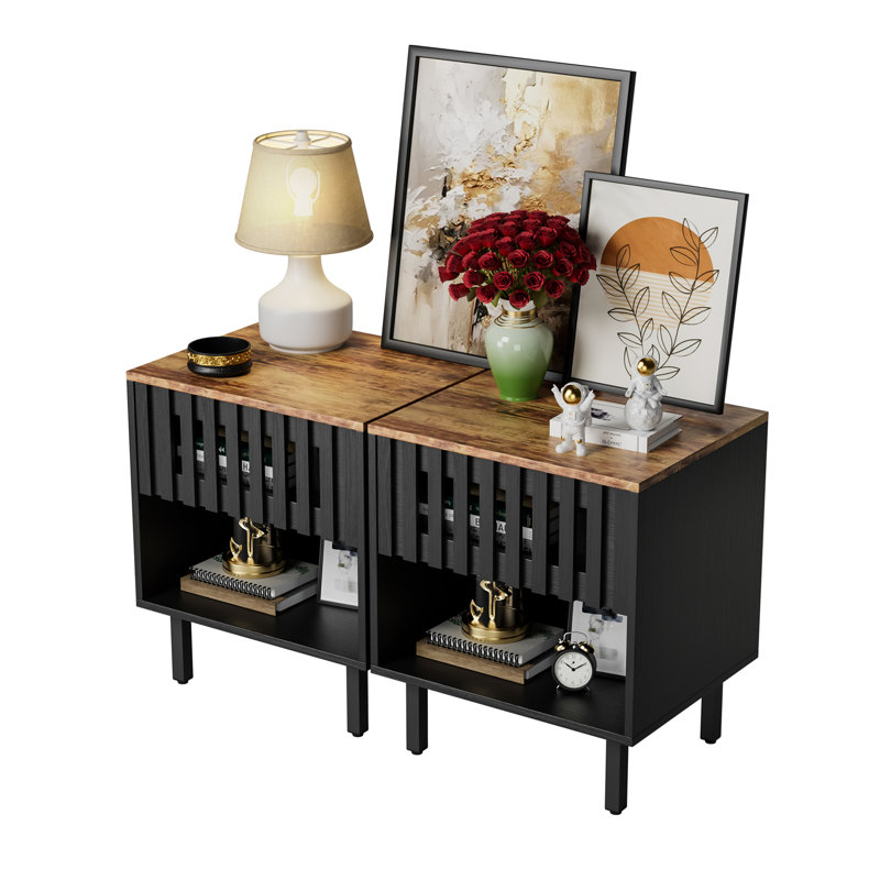 Ensemble de 2 tables de chevet avec portes grillagées rayées, table de chevet moderne Mid-Century, table de chevet avec tiroir à lattes, tables de bout avec pieds en métal, table de chevet pour chambre à coucher