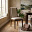 Mahogany Light Tan Wood Linen Fabric Round 3 Piece Dining Table Chairs Set Padded High Back Pedestal