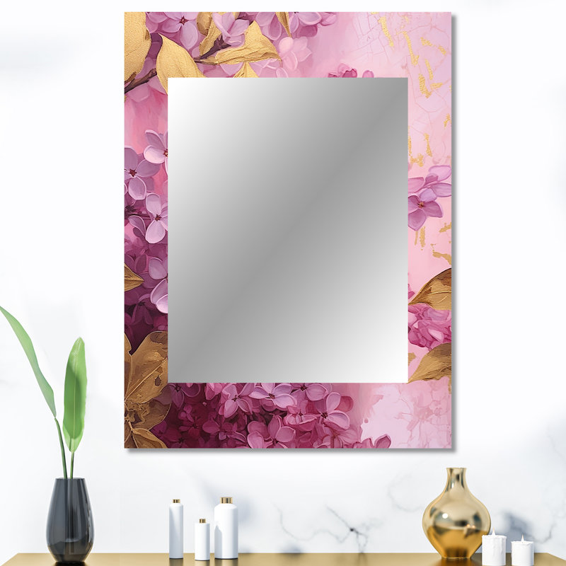 Pink Gold Lilacs Fragrants Blossum - Floral Unique Wall Mirror, Traditional Mirror, Printed Metal Art, 40" x 30"