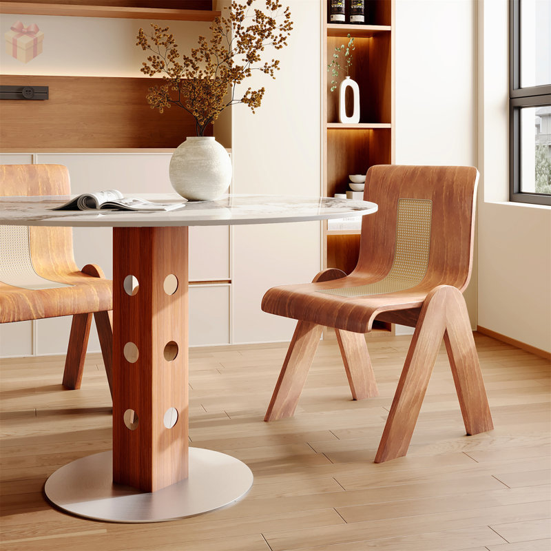 Table de salle à manger Mid-Century moderne en pierre frittée avec façade à pois et base en bois massif, 39 po, Noyer