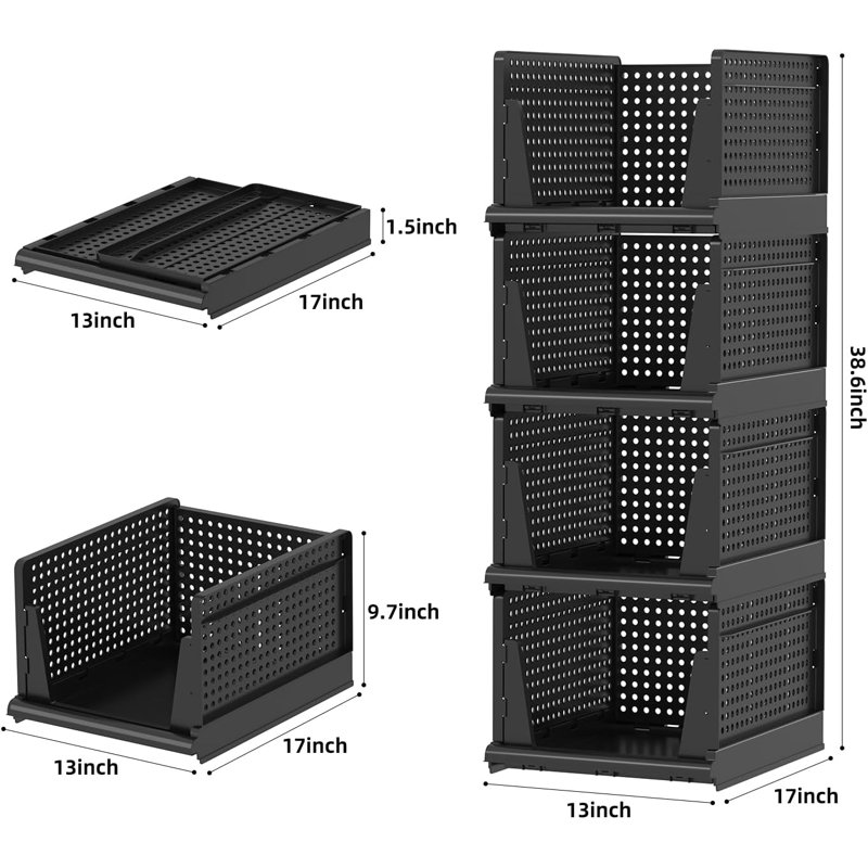 4-pack Black Stackable Plastic Storage Baskets