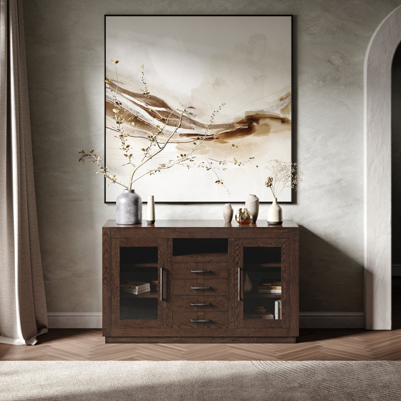 Kavia 60" Contemporary Media Console with Tempered Glass Doors, Drawers and Adjustable Shelves - Light Oak, Dark Brown Wood