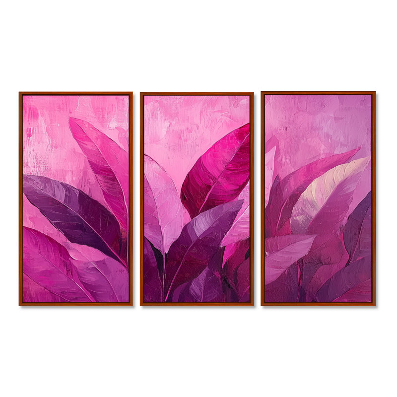 Feuilles magenta Blosoom II - feuilles, art mural - ensemble de 3, H 40 po x l 60 po, Impression encadrée sans passe-partout