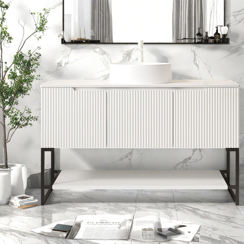Meuble-lavabo et lavabo spacieux avec rangement, finition blanc de Carrare