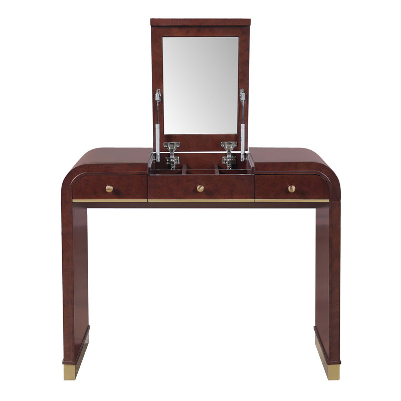 Bureau de coiffeuse classique en bois avec miroir rabattable, coiffeuse 3 en 1 avec 2 tiroirs et espace de rangement pour la chambre à coucher