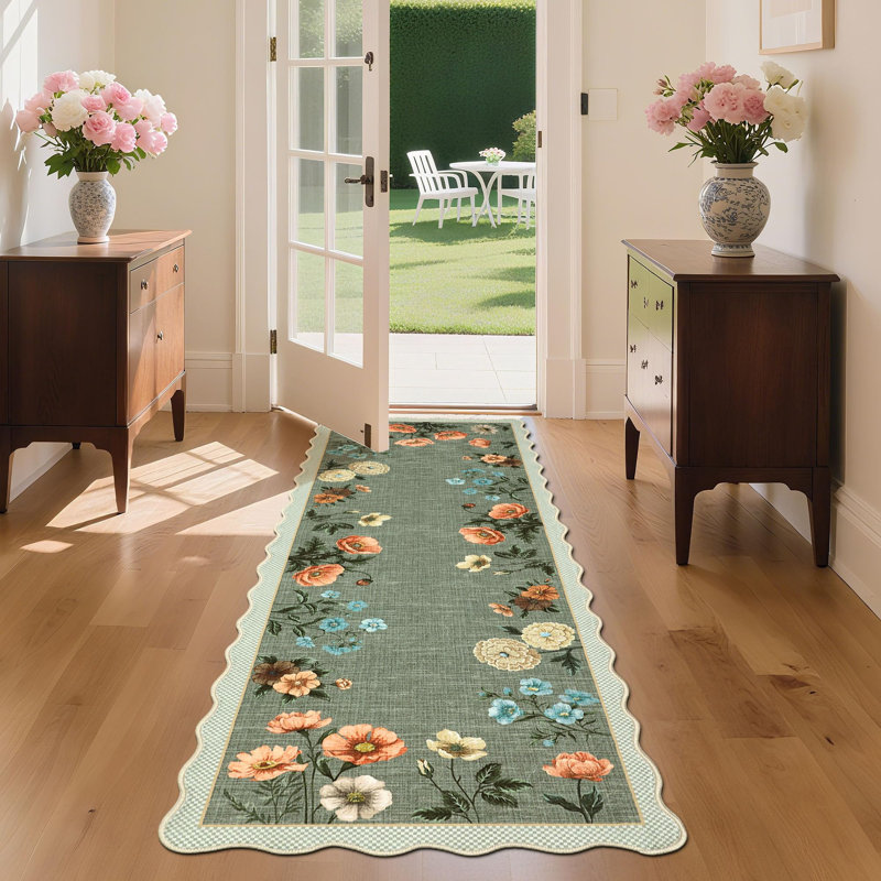 Scalloped Rug Machine Washable Floral Living Room Rugs Non Slip Bedroom Carpet for Nursery Dining Room Dorm Office, Green