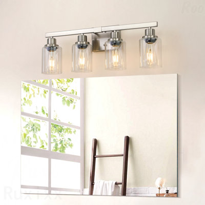 24" Bathroom Vanity Light - 4-Light Brushed Nickel Metal, Clear Glass Shades, Modern Style