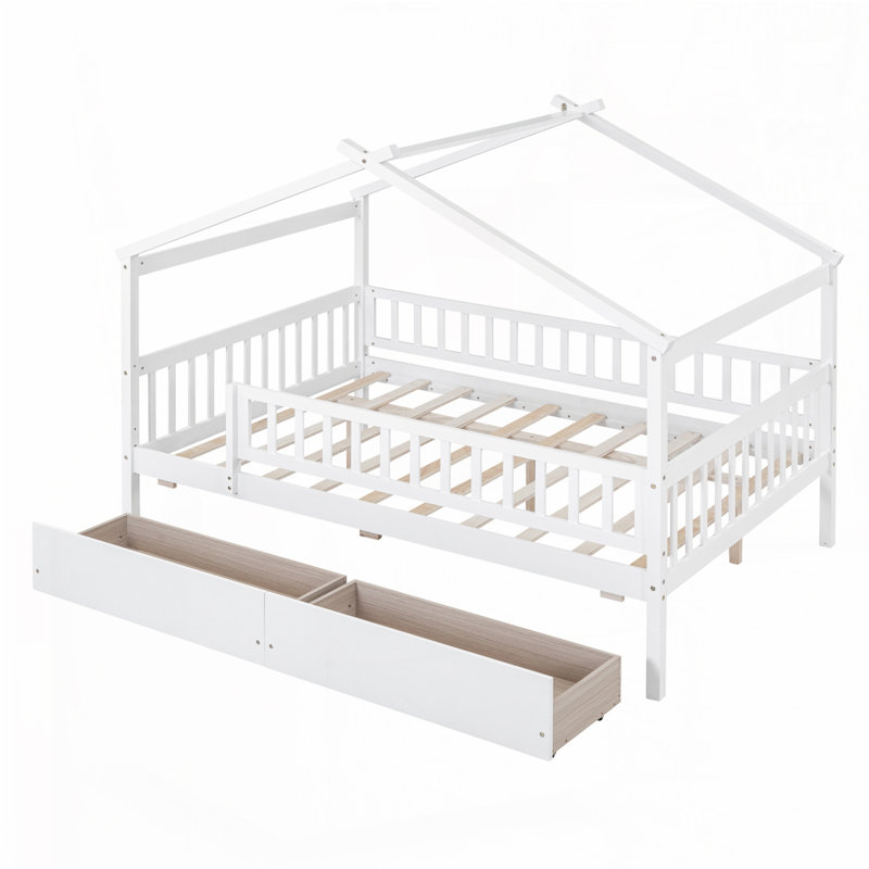 Lit en bois avec deux tiroirs, Complète, Blanc