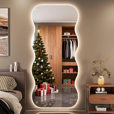 Miroir ondulé pleine longueur avec lumières - 71 po x 31 po, miroir de plancher à DEL ondulé, sans cadre, à intensité variable, miroir vertical ou horizontal mural pour chambre à coucher, salon, vestiaire