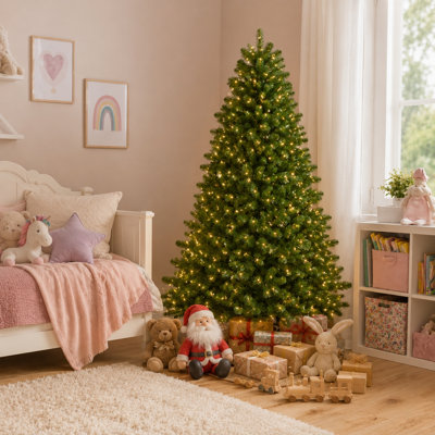 Arbre de Noël artificiel vert 5,5 à 7,5 pi, lumières DEL blanc chaud, branches pleines réalistes en PVC de qualité supérieure, support robuste, assemblage facile, décoration intérieure pour les fêtes de Noël