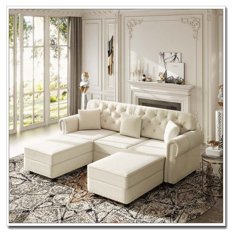 Canapé rembourré en velours avec garniture cloutée et accoudoirs roulés, 3+3, Beige et blanc