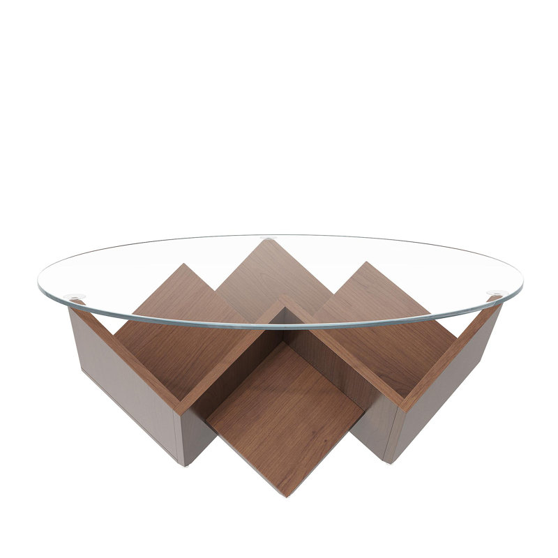 Table basse ronde avec plateau en verre et tablettes à motif géométrique abstrait Art Deco, noyer