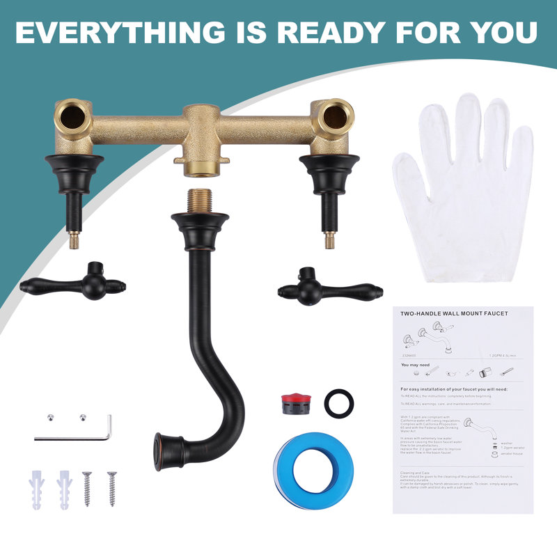 Brass 3 Hole Wall Mounted 8 In. Widespread Double Handle Bathroom Faucet With Brass Value, Oil Rubbed Bronze