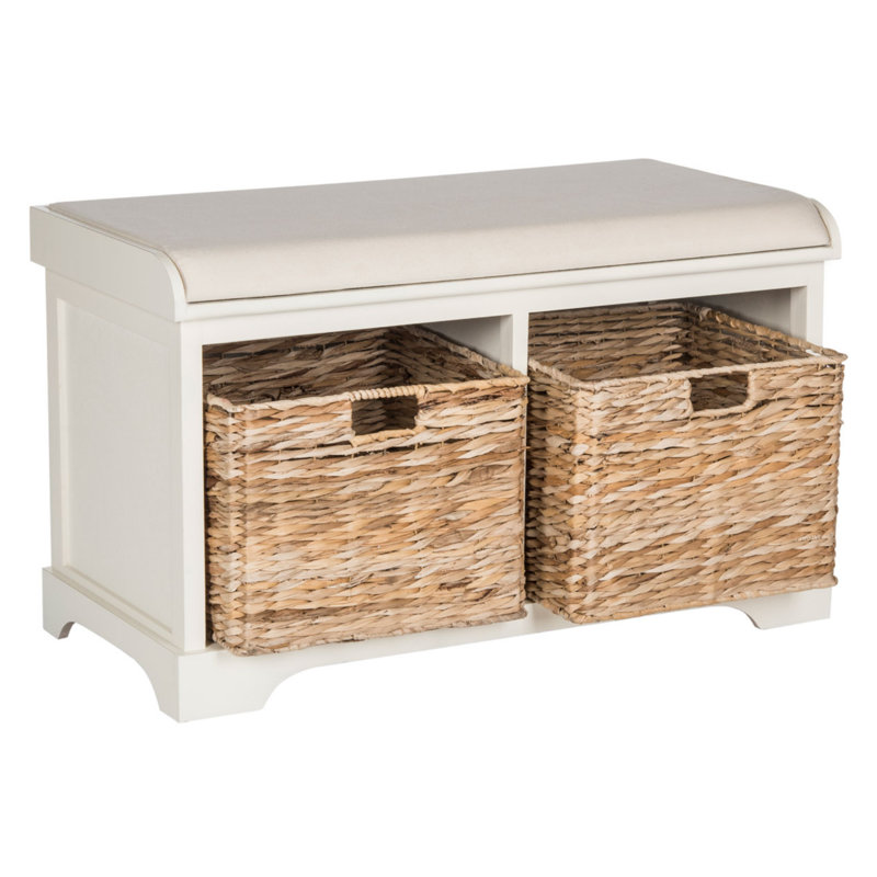 Modern & Elegant Upholstered Faux Leather Bench – Rustic Pine Frame with Linen Seat & Basket Storage, Distressed White