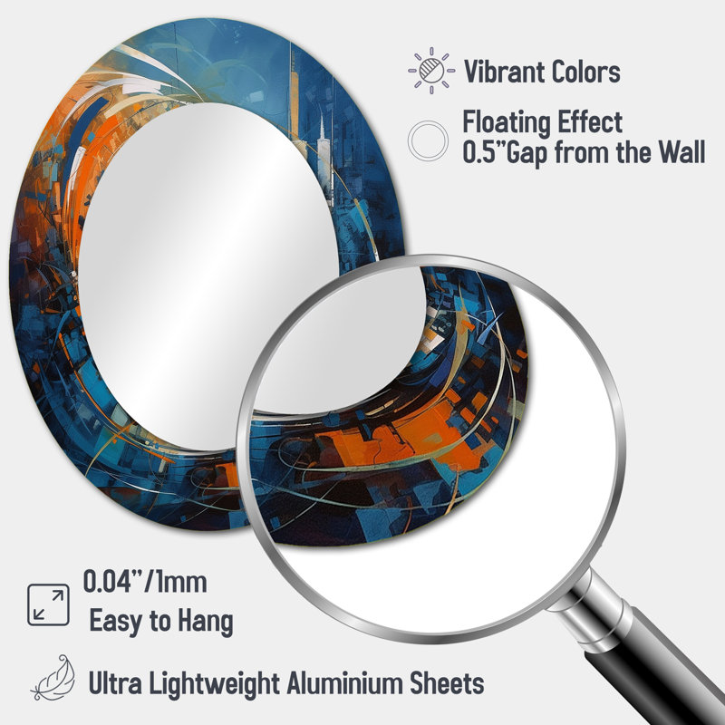 Quintasia Orange And Blue Geometric Equilibrium IV - Geometric Large Wall Mirror, Modern Unique Mirror, Printed Metal Art