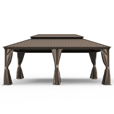 14' X 20' Hardtop Gazebo, Upgraded Metal Gazebo With Drainage System, Dual-Layer Galvanized Steel Roof, Curtain And Netting, Outdoor Shelter Canopy For Patio, Garden, And Backyard