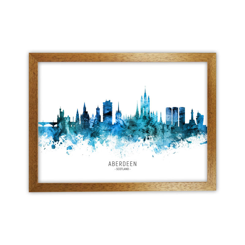 Aberdeen Scotland Skyline Blue City Name by Michael Tompsett - Print, 46cm H x 63cm W x 3cm D, Oak Framed