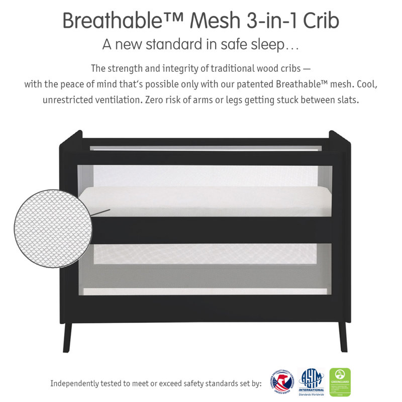 Black Pine Mesh 3-in-1 Convertible Crib with Adjustable Mattress Heights
