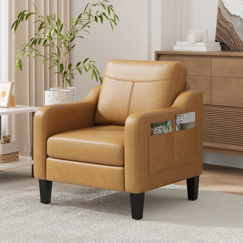 Wide Upholstered Accent Chair Faux Leather Armchair, Brown
