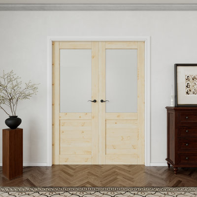 Interior Half-Lite Pine Wood & Frosted Glass Door, Colonial Natural Solid Pine Double French Doors, SGCC Certified Tempered Glass, White Frame & Matte Black Hardware-Privacy Door Lever with Lock, Latch & Hinges, Unfinished & Paintable, 60"x 80"