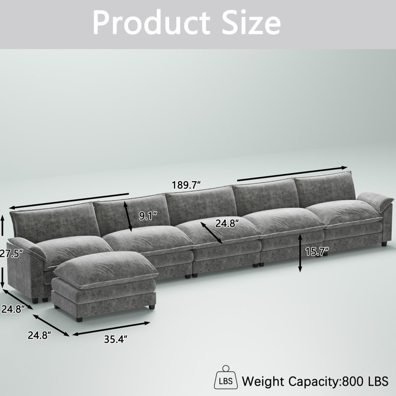 Wynter 6-Piece 189.7" Upholstered Chenille L-Shape Sectional, Gray Chenille