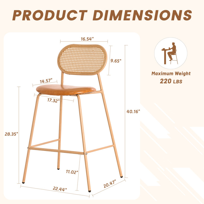 28 Inch Counter Height Bar Stool, Upholstered Seat With Back For Kitchen/bar (set Of 2), Orange