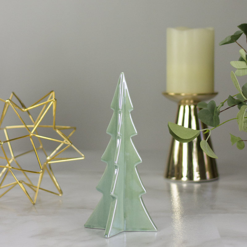 Décoration de table arbre de Noël en céramique avec perle verte, H 8 po x l 4 po x P 4 po