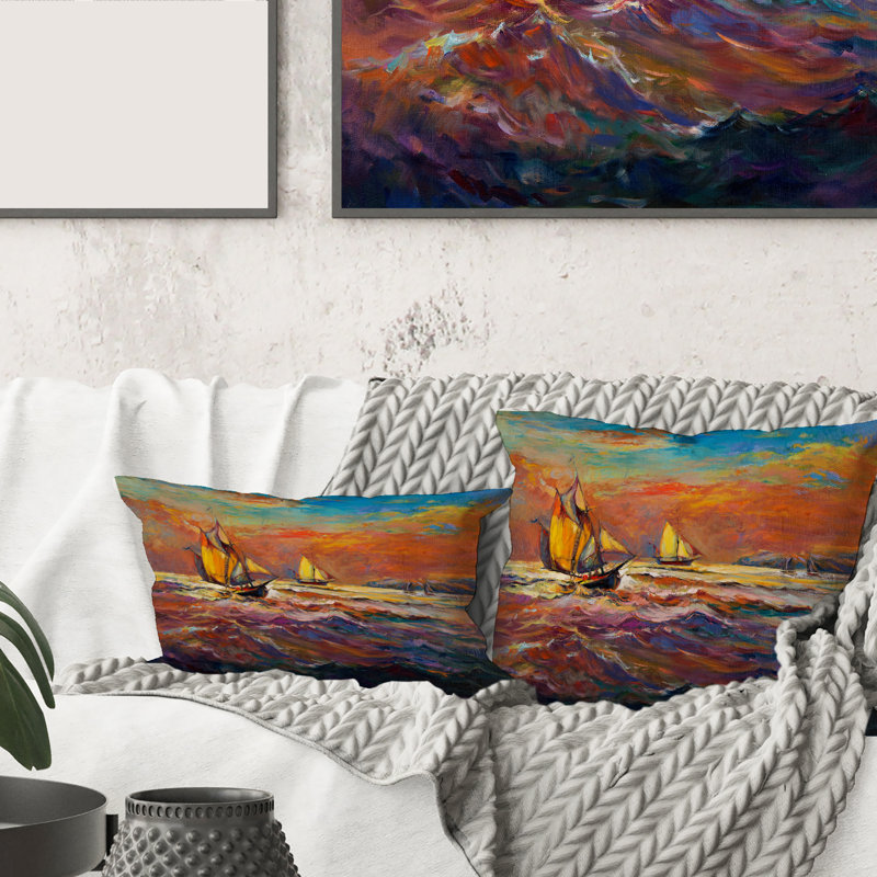 Housse et insert de coussin Sailship on the Ocean Waves pendant le coucher du soleil, 18" x 18"