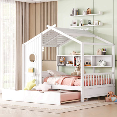 Lit double en bois avec lit gigogne en bois, conception moderne pour enfants avec tablette de rangement, blanc