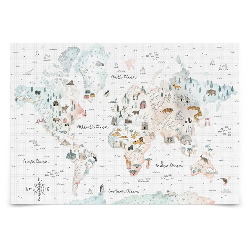 Papier peint doux carte du monde avec petits animaux et repères célèbres, L 35,04 po x l 55 po