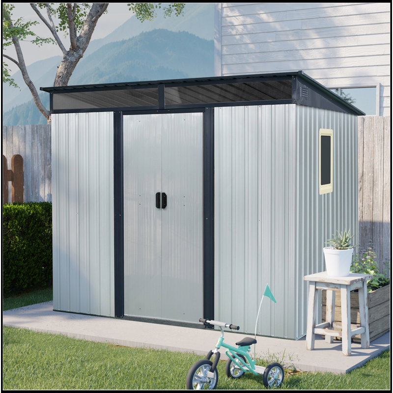 Outdoor Metal Storage Shed With Window And Transparent Plate For Garden, Lawn, White/Black, 77.25" H x 93.75" W x 68.5" D