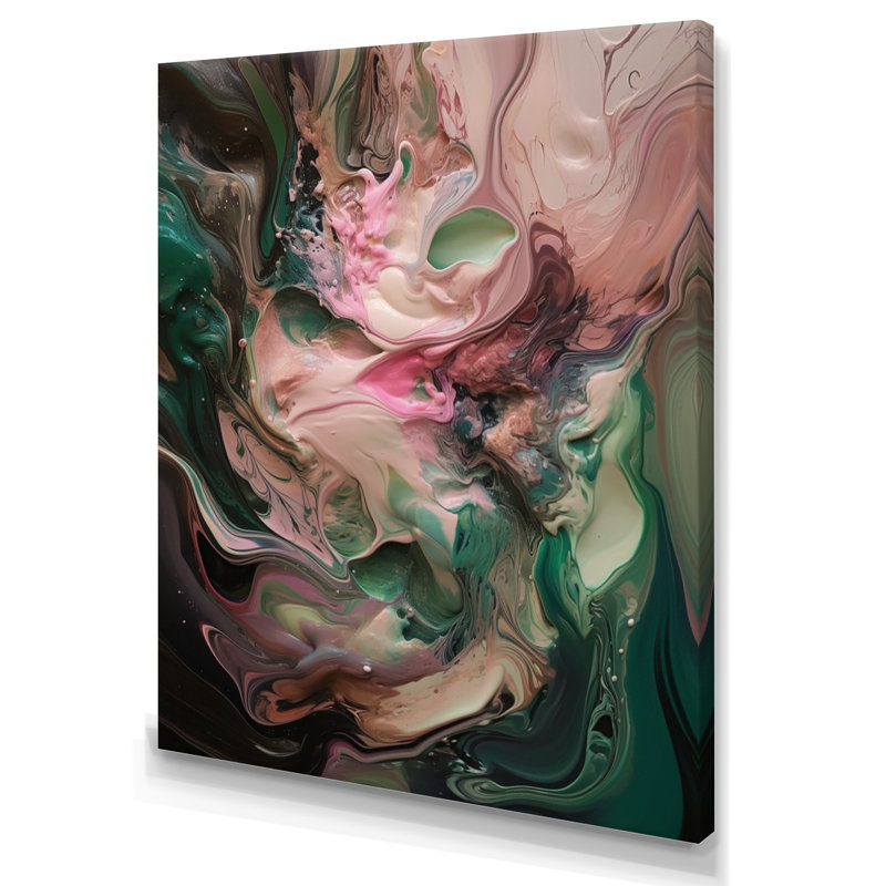 Rose et vert, monde intérieur de marbre IV - art mural abstrait géométrique, H 32 po x l 16 po x P 1 po, Toile tendue