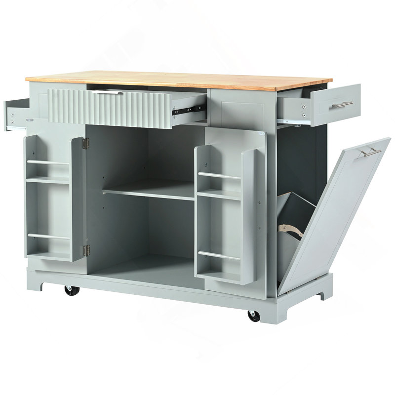 Fluted Kitchen Island With Trash Can Storage Cabinet, Power Outlet, Internal Storage Rack, Rolling Kitchen Islands On 5 Wheels With 3 Drawer, 3 Open Side Racks For 10 Gallon Garbage Bin,Grey Blue