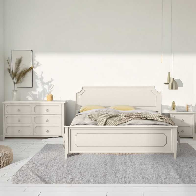 Ensemble de chambre à coucher 3 pièces Yavian, lit double en bois d'hévéa avec table de chevet et commode, Très grand