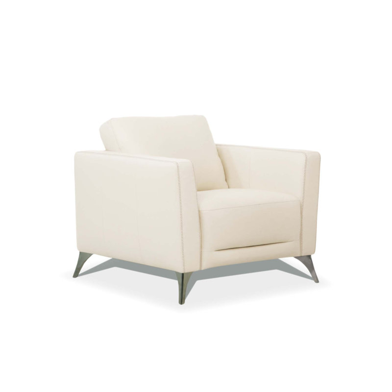 Chaise en cuir avec dossier amovible et siège serré, structure en bois durable et pieds chromés pour une vie moderne, Crème