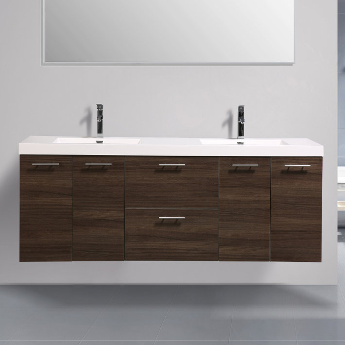Leffler 84" Wall-Mounted Double Bathroom Vanity Set, Gray/Oak