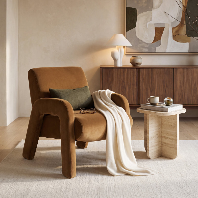 Fauteuil d'appoint moderne en velours COLAMY AURA, fauteuil lounge rembourré, camel, ensemble de 1/2, Chameau